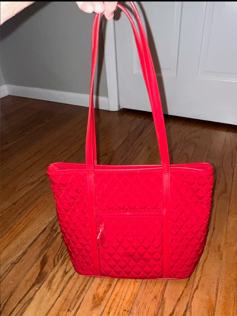 Vera Bradley Large Iconic Tote Red Quilted Polyester Double Straps Zip 12” X 13”